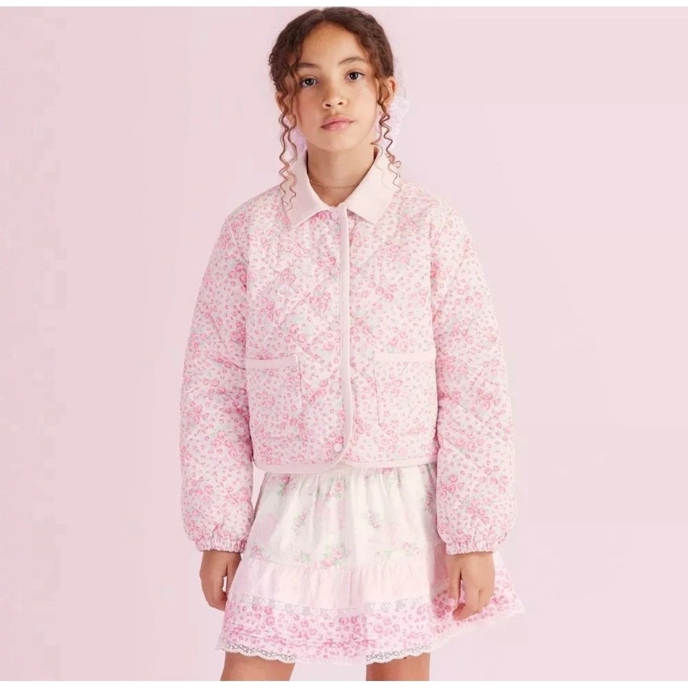 LoveShackFancy x Target Girls Floral Quilted Jacket Pink White Rose Print New